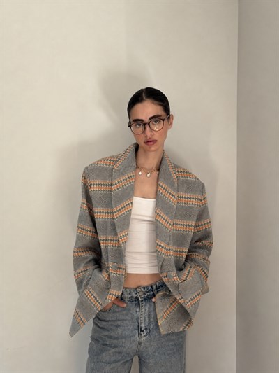 Retrobird 90lar Retro Model İndigo Oversize Tasarım Ekose Ceket