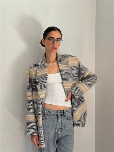 Retrobird 90lar Retro Model Lacivert-Krem Oversize Tasarım Ekose Ceket