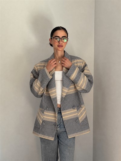 Retrobird 90lar Retro Model Lacivert-Krem Oversize Tasarım Ekose Ceket