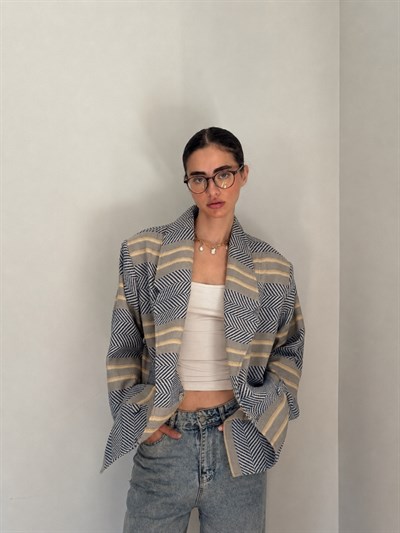 Retrobird 90lar Retro Model Lacivert-Krem Oversize Tasarım Ekose Ceket