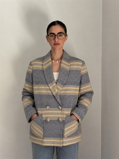 Retrobird 90lar Retro Model Lacivert-Krem Oversize Tasarım Ekose Ceket
