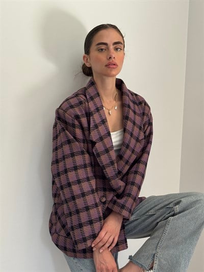 Retrobird 90lar Retro Model Lila Oversize Tasarım Ekose Ceket