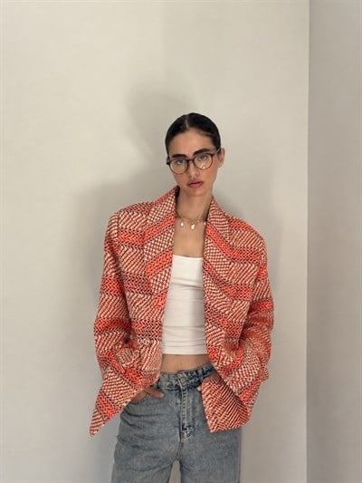 Retrobird 90lar Retro Model Mercan Oversize Tasarım Ekose Ceket