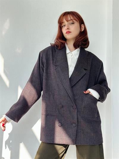 Retrobird 90lar Retro Model Füme Oversize Tasarım Ekose Yün Kaban Ceket