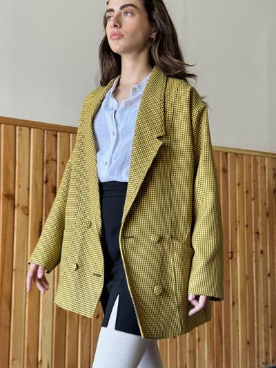 Retrobird 90lar Retro Model Sarı Kazayağı Oversize Tasarım Ekose Ceket