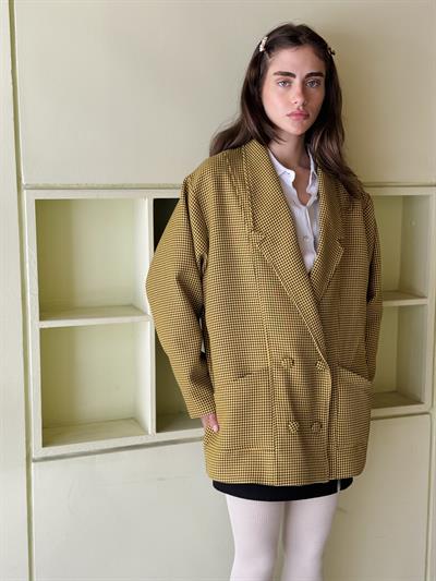 Retrobird 90lar Retro Model Sarı Kazayağı Oversize Tasarım Ekose Ceket