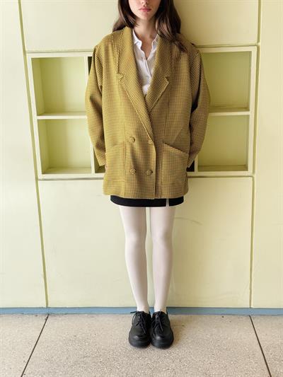 Retrobird 90lar Retro Model Sarı Kazayağı Oversize Tasarım Ekose Ceket