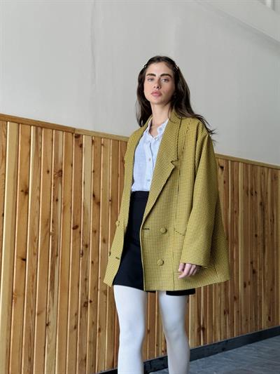 Retrobird 90lar Retro Model Sarı Kazayağı Oversize Tasarım Ekose Ceket