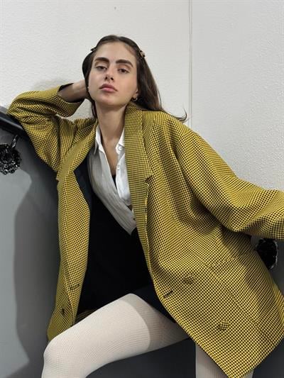 Retrobird 90lar Retro Model Sarı Kazayağı Oversize Tasarım Ekose Ceket