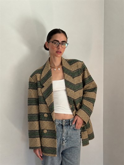 Retrobird 90lar Retro Model Yeşil-Krem Oversize Tasarım Ekose Ceket