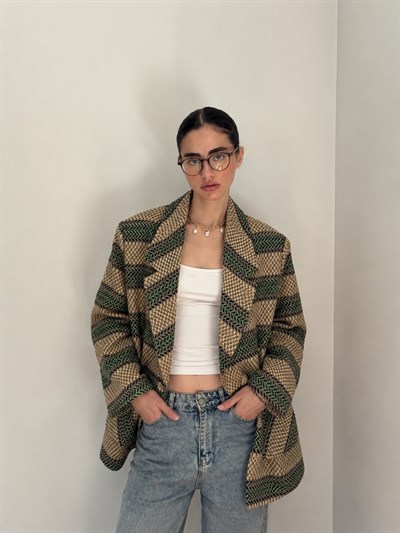 Retrobird 90lar Retro Model Yeşil-Krem Oversize Tasarım Ekose Ceket