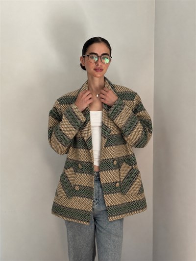 Retrobird 90lar Retro Model Yeşil-Krem Oversize Tasarım Ekose Ceket