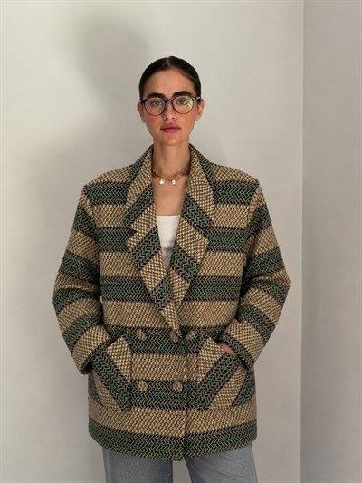 Retrobird 90lar Retro Model Yeşil-Krem Oversize Tasarım Ekose Ceket