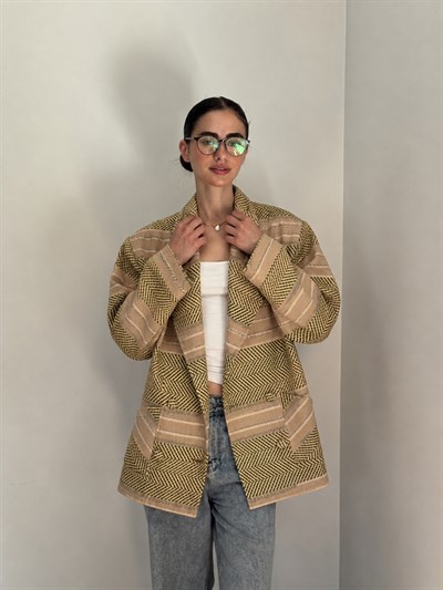 Retrobird 90lar Retro Model Zeytin Renkli Oversize Tasarım Ekose Ceket