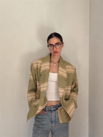 Retrobird 90lar Retro Model Zeytin Renkli Oversize Tasarım Ekose Ceket