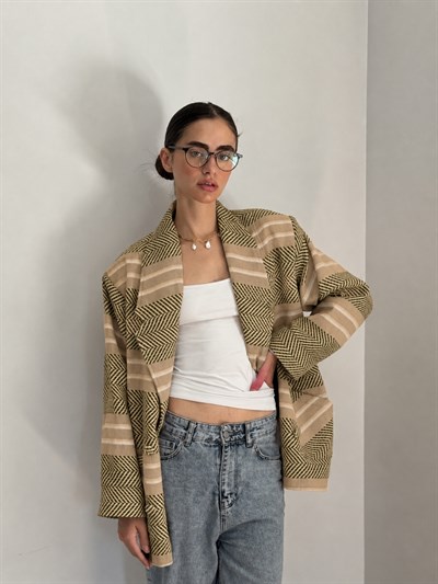 Retrobird 90lar Retro Model Zeytin Renkli Oversize Tasarım Ekose Ceket
