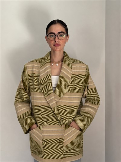 Retrobird 90lar Retro Model Zeytin Renkli Oversize Tasarım Ekose Ceket