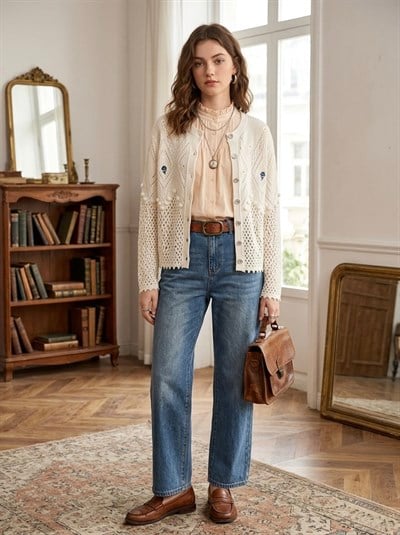 Retrobird Açık Kum Nakış İşlemeli Romantik Hırka