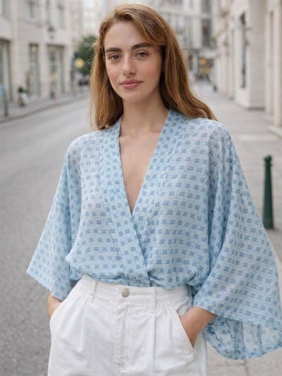 Retrobird Light Blue Design Boho Mini Kimono