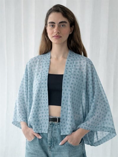 Retrobird Light Blue Design Boho Mini Kimono