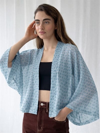 Retrobird Light Blue Design Boho Mini Kimono