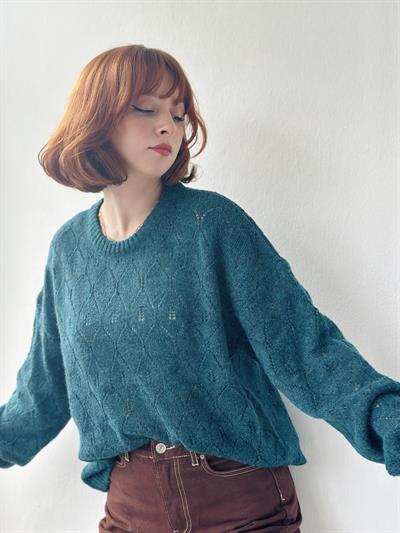  Retrobird Openwork Retro Pattern Knitted Petrol Knitwear Sweater Basic Knitwear
