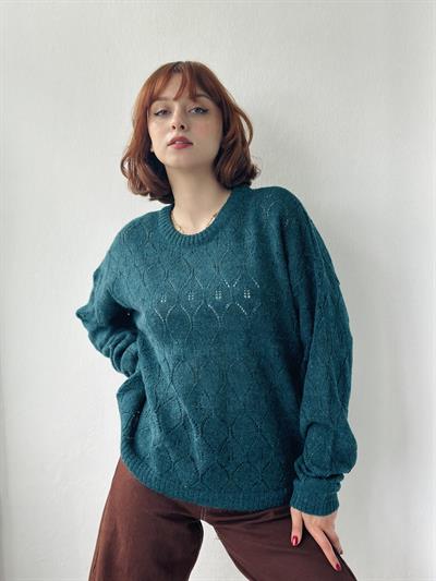  Retrobird Openwork Retro Pattern Knitted Petrol Knitwear Sweater Basic Knitwear