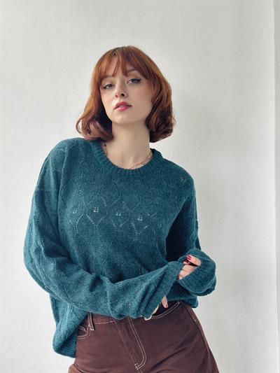 Retrobird Openwork Retro Pattern Knitted Petrol Knitwear Sweater Basic Knitwear