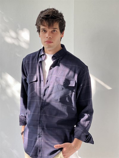 Retrobird Akrilik İplik Mavi Renkli Geniş Kalıp Rahat Kesim Kalın Kışlık Erkek Gömlek