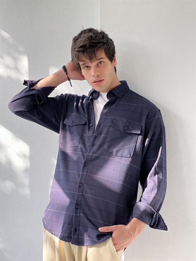 Retrobird Akrilik İplik Mavi Renkli Geniş Kalıp Rahat Kesim Kalın Kışlık Erkek Gömlek