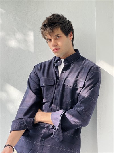 Retrobird Akrilik İplik Mavi Renkli Geniş Kalıp Rahat Kesim Kalın Kışlık Erkek Gömlek