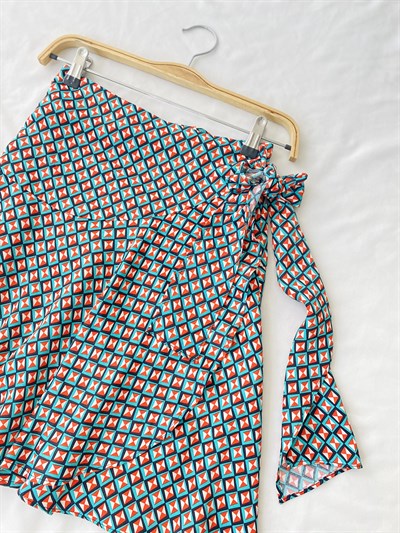 Retrobird Ashley Anvelop Yeşil Siyah Desenli Mini Etek