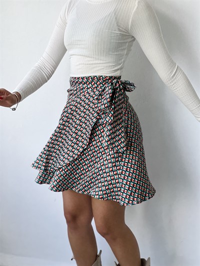 Retrobird Ashley Anvelop Yeşil Siyah Desenli Mini Etek