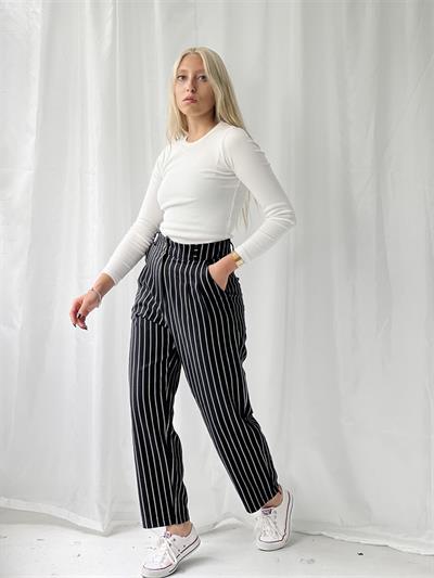 Retrobird Tasarım Baggy Pileli Çizgili Siyah Pantolon