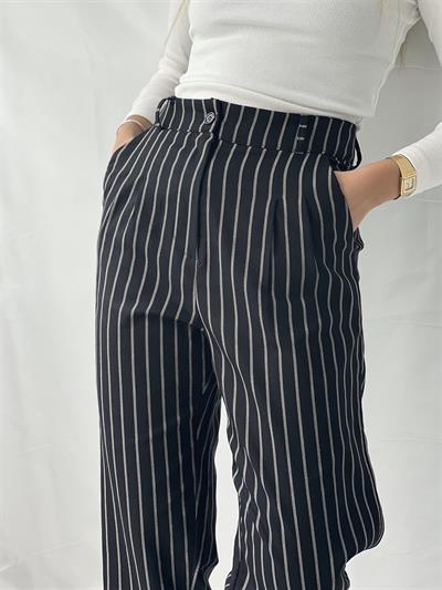 Retrobird Tasarım Baggy Pileli Çizgili Siyah Pantolon