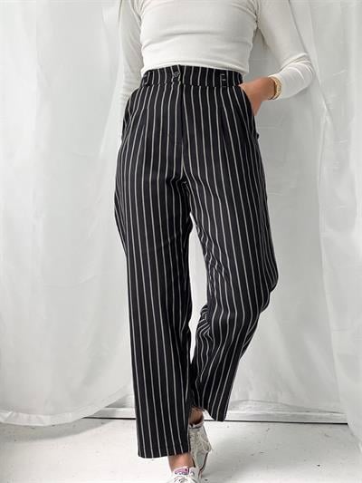 Retrobird Tasarım Baggy Pileli Çizgili Siyah Pantolon