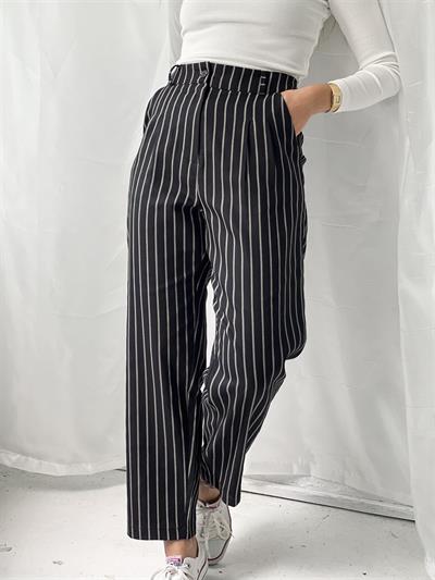 Retrobird Tasarım Baggy Pileli Çizgili Siyah Pantolon