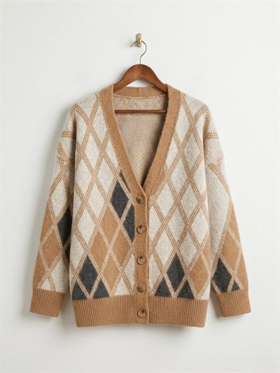 Retrobird Diamond Pattern Camel Raised Cardigan