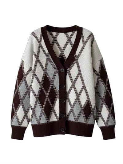 Retrobird Baklava Pattern Coffee-Beige Brushed Cardigan