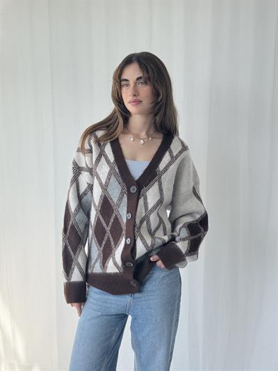 Retrobird Baklava Pattern Coffee-Beige Brushed Cardigan
