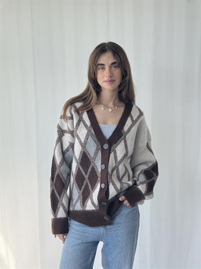 Retrobird Baklava Pattern Coffee-Beige Brushed Cardigan