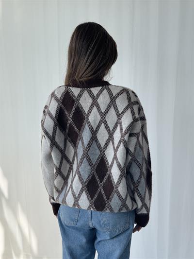 Retrobird Baklava Pattern Coffee-Beige Brushed Cardigan