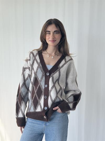 Retrobird Baklava Pattern Coffee-Beige Brushed Cardigan