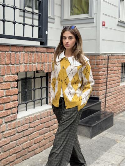 Retrobird Baklava Desenli Hardal Hırka