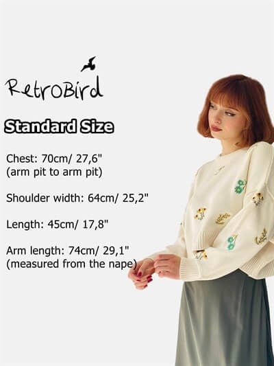 Retrobird Beige Colored Hattus Yarn Standard Pattern Womens Knitwear Sunflower Embroidered Crop Sweater