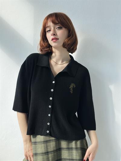 Retrobird Bol ve Kısa Kol Siyah Nakış Detaylı Hırka