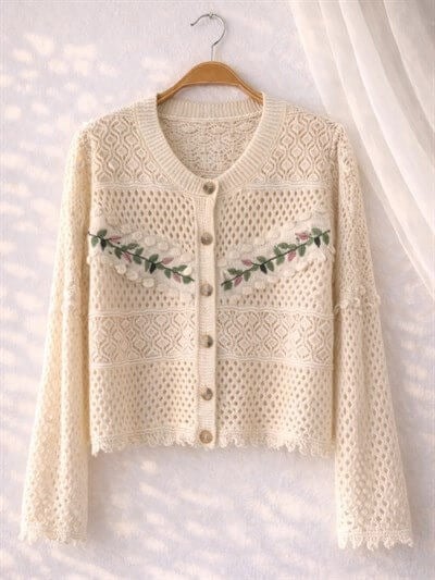 Retrobird Romantic Cardigan with Wheat Embroidery