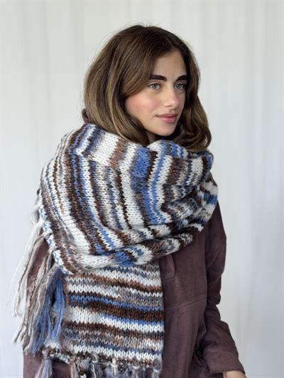 Retrobird Mavi - Kahve Büyük Boy Soft Örgü Atkı