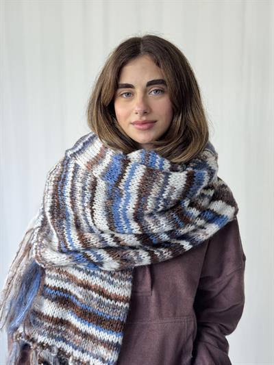 Retrobird Mavi - Kahve Büyük Boy Soft Örgü Atkı