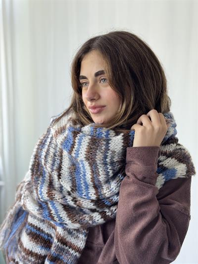 Retrobird Mavi - Kahve Büyük Boy Soft Örgü Atkı